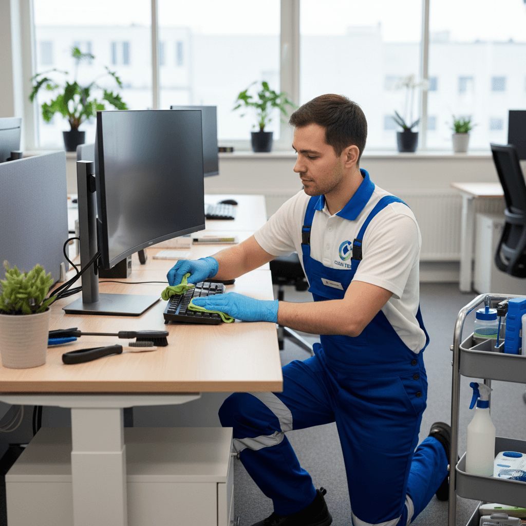 JanMore Solutions team member cleaning office workspace